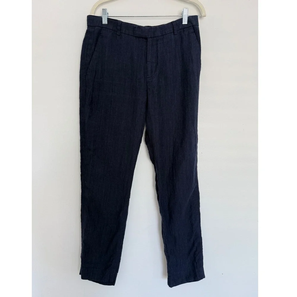 H&M Womens Slim Fit Linen Trousers Summer Pants 33R Navy Blue